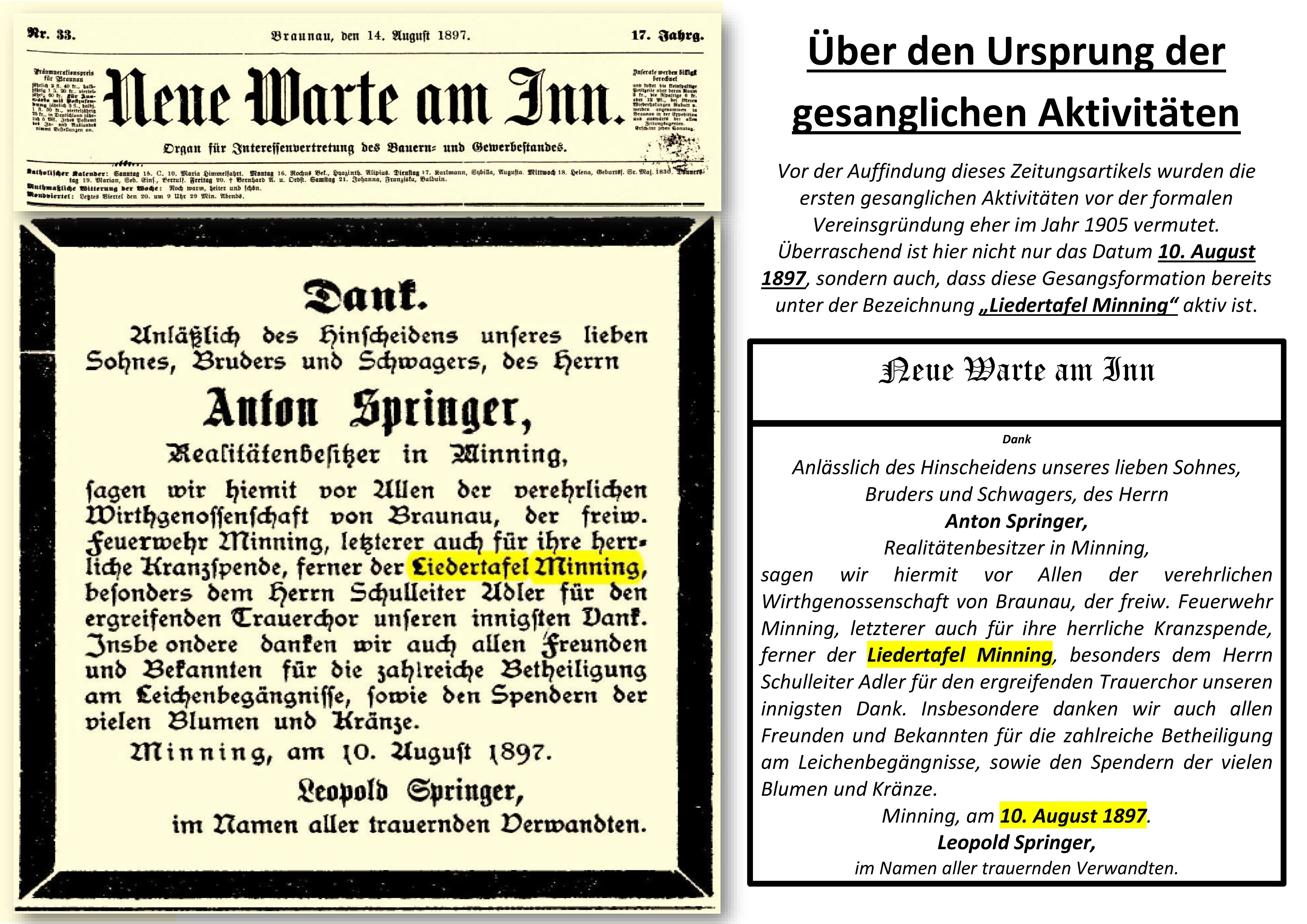 Die erste dokumentierte Erwähnung der Liedertafel Mining in der „Neuen Warte am Inn“.