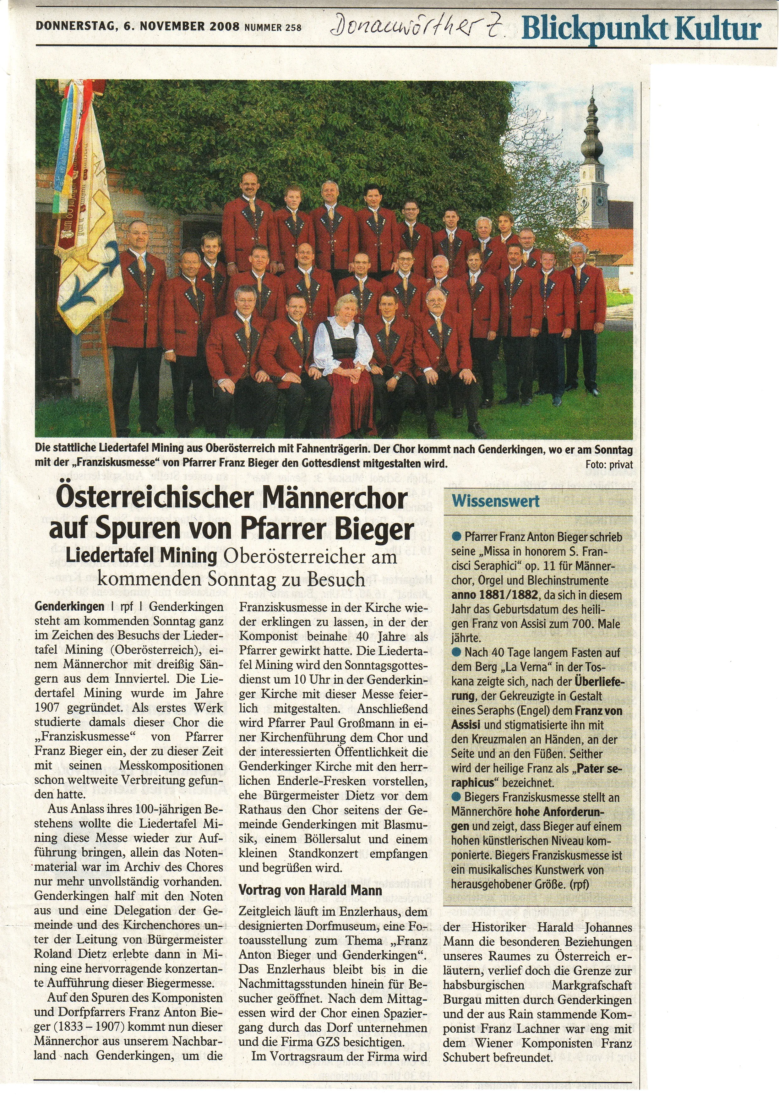 Zeitungsbericht über die Aufführung der Bieger Messe