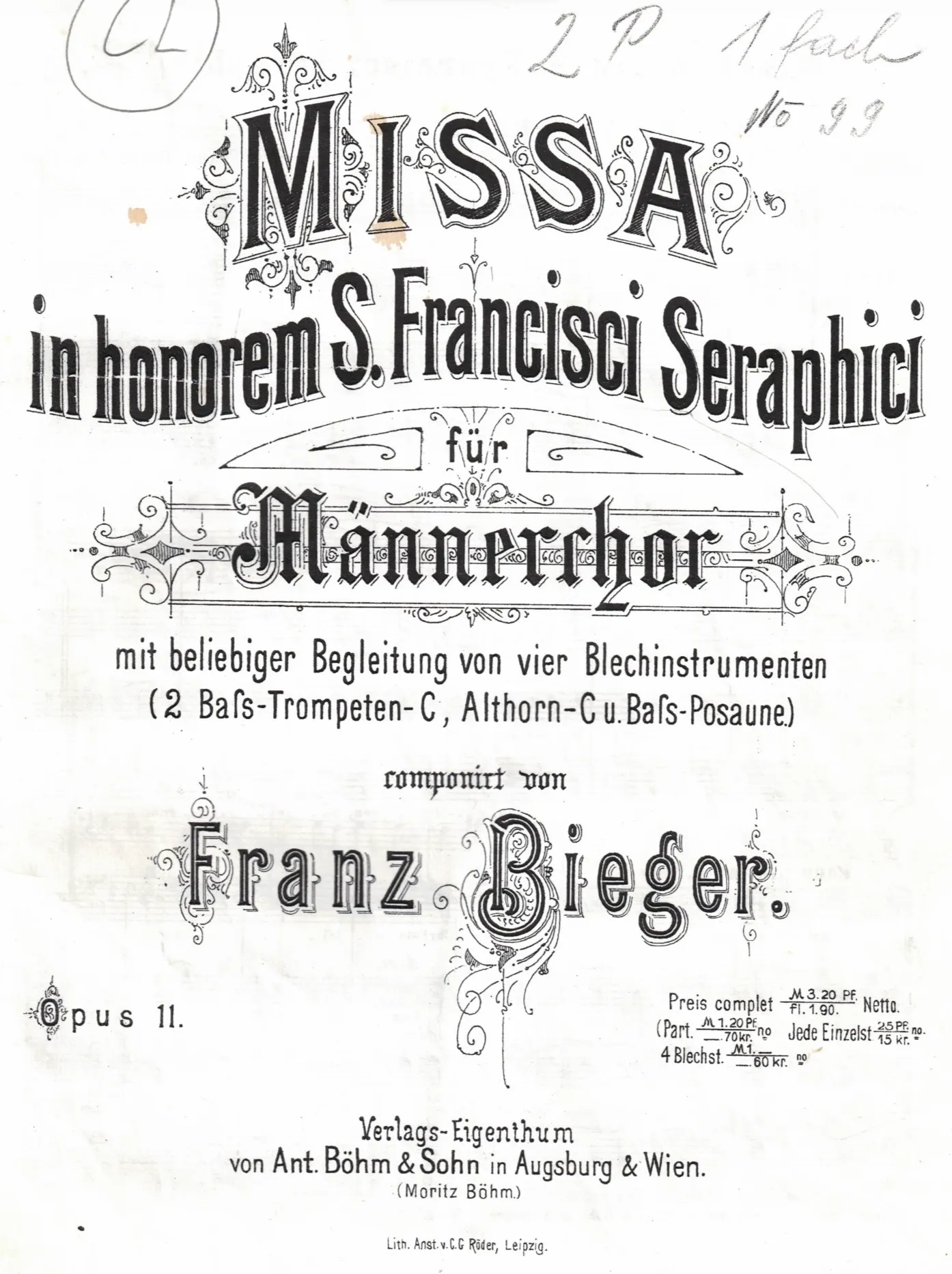 Titelblatt der Originalnoten der lateinischen Messe von Franz Bieger